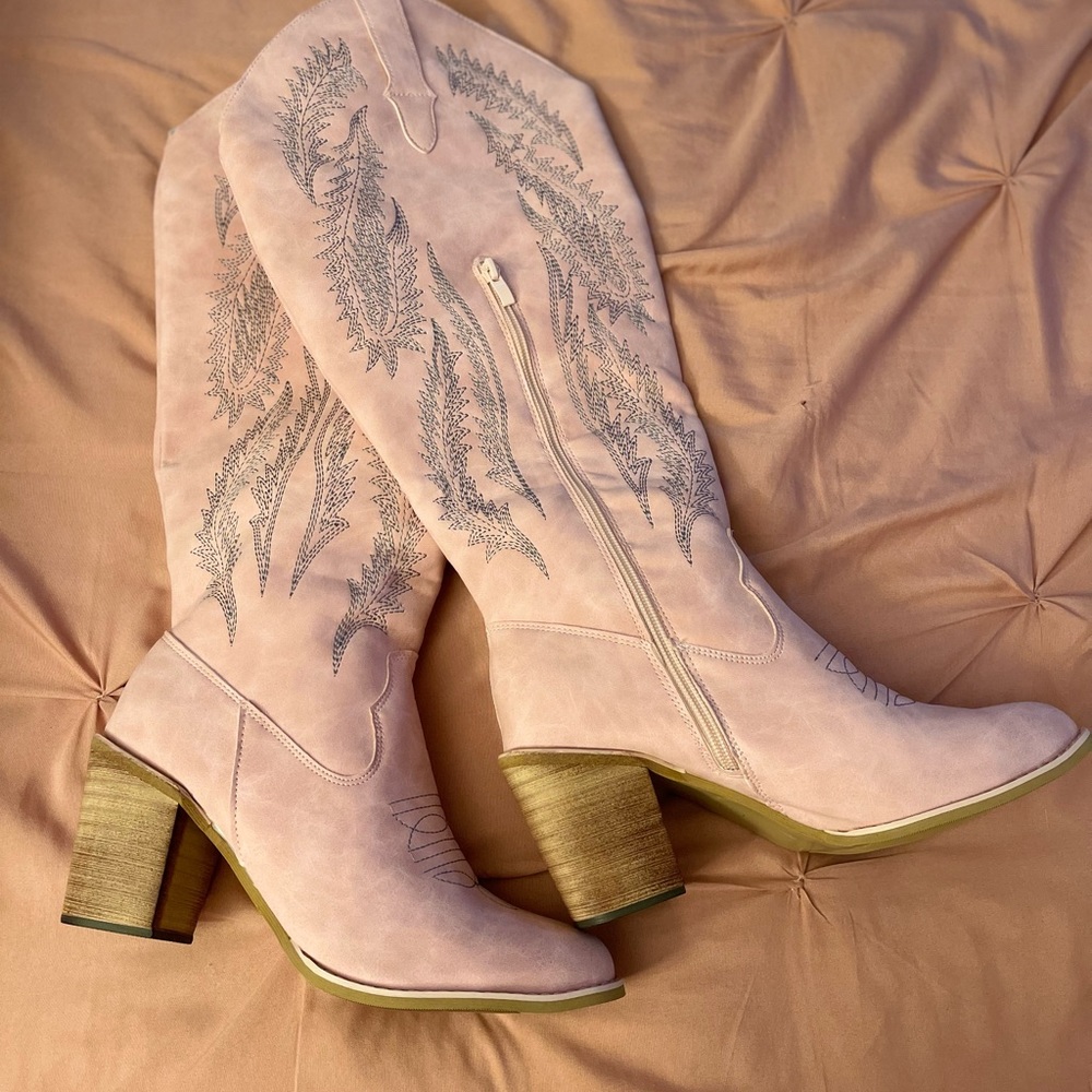 Embroided Western Cowboy Boots Chunky Heel Knee High Roding Boots